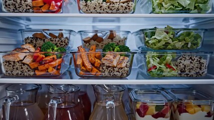 Meal prep containers filled with grilled chicken, roasted vegetables, and fresh salad in refrigerator. Concept of healthy eating, meal planning, and organization.