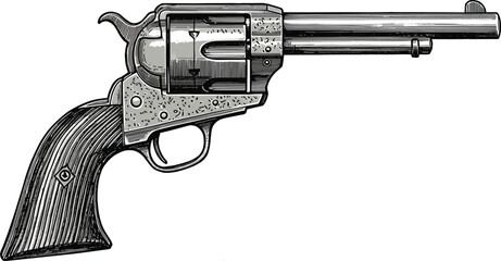 Vintage revolver illustration, classic handgun drawing, antique firearm sketch, old west pistol artwork, detailed weapon engraving, historical gun design graphic
