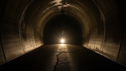 Dark tunnel perspective with light at the end, mysterious journey.