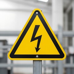Triangular high voltage signal with a black border and lightning icon against a blurred industrial concrete backdrop
