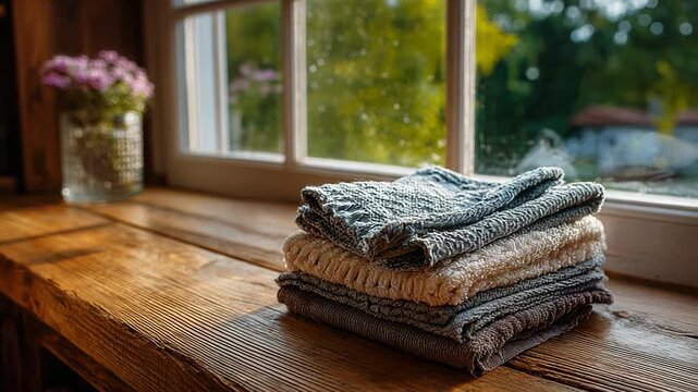 Folded blankets on wooden table near window