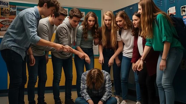 teenagers circle around student in school hallway scene