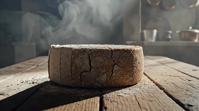 Warm sunlight illuminates rustic wooden block on tabletop with rising smoke