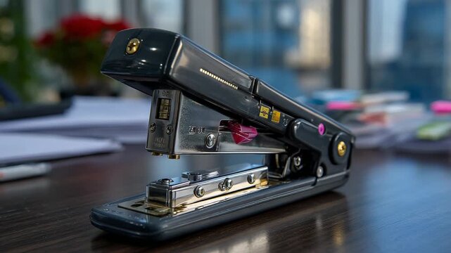 Stapler rotating on desk with office background