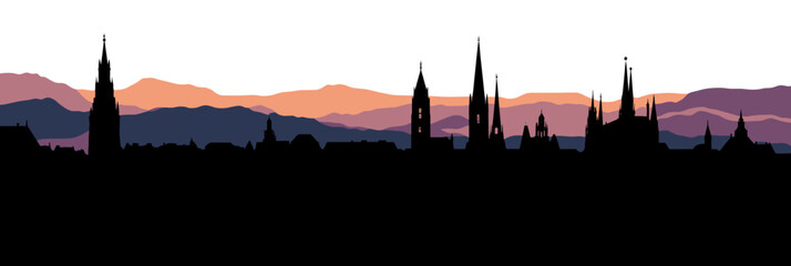 Obraz premium Munich skyline silhouette with mountain landscape background minimalist flat vector black cityscape silhouette with church spires and sunset gradient sky