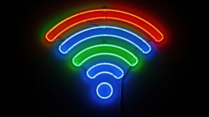 Neon WiFi Symbol Illuminated Against a Dark Background.