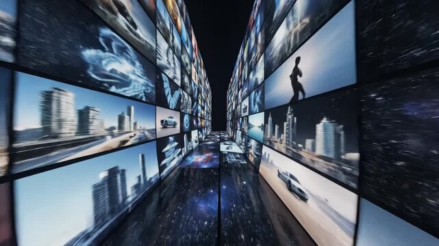 Futuristic corridor with multiple screens showing various images and a statue