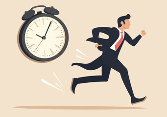 Businessman running to beat clock time alarm symbolizing urgency, stress, deadline pressure, and work rush in flat vector style illustration