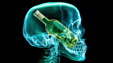 Skull X-ray with silhouette of bottle inside - concept of alcoholism, obsessive thoughts