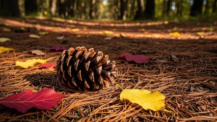 Pinecone on Forest Floor with Colorful Leaves in Sunlight.