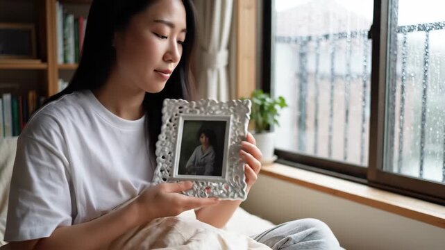 Woman holding photo frame while sitting on bed and looking out the window. Concept of memory, nostalgia, and emotional reflection. Useful for discussions on personal loss and emotional well-being.