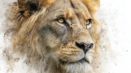 Obraz premium Aquarelle Portrait of a Lion: A Close-up Depiction of Wildlife in Watercolor Harmony