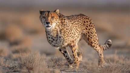 Naklejka premium Graceful Cheetah Sprinting at High Speed Across the Vast African Savanna in Golden Sunlight