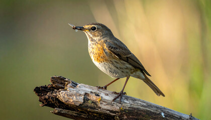 Fototapeta premium Cinematic wildlife photo of small bird with brown and white feathers perched on driftwood near riverbank, holding insect in its beak, natural light, serene mood
