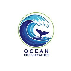 Ocean conservation logo design with a large blue wave and whale tail.