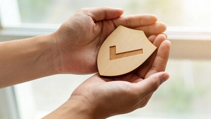 Hands holding wooden shield with checkmark