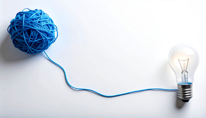 Ball of blue string connected to glowing light bulb on white background, symbolizing creativity, innovation, and bright ideas in minimal and modern concept
