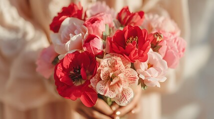 Woman is holding a bouquet of flowers, which includes red and pink flowers. The bouquet is arranged in a way that makes it look like a heart. The woman is wearing a white shirt