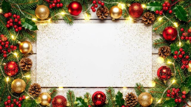 Festive Christmas frame with blinking fairy lights and falling golden glitter. Holiday background with copy space for text. New Year celebration concept