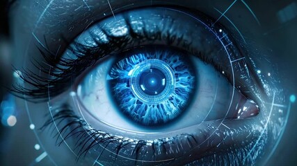 Digital eye with glowing blue circuits, iris, and eyelashes, a futuristic, sci-fi concept