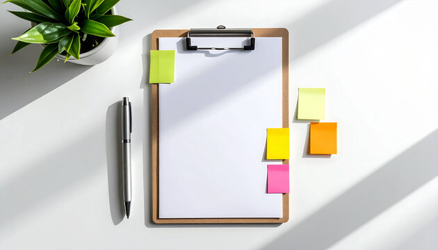 Clipboard with blank white paper, colorful sticky notes, silver pen, and green potted plant on white desk in sunlight, creating bright and organized workspace atmosphere