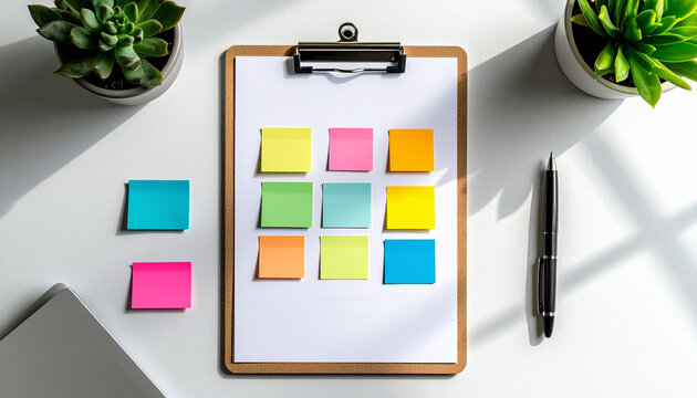 Colorful sticky notes arranged on clipboard page, surrounded by green succulent plants, pen, and laptop corner, creating bright and organized workspace flat lay - Powered by Adobe