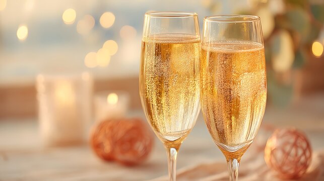 Two champagne glasses with bubbles on the side. The glasses are on a table with a candle and a vase - Powered by Adobe