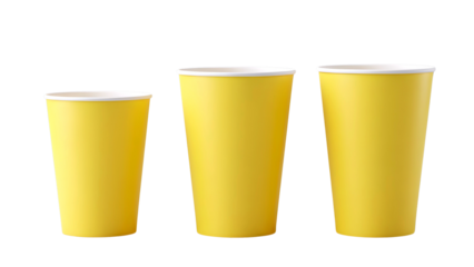 Three yellow disposable paper cups on white background isolated on transparent background
