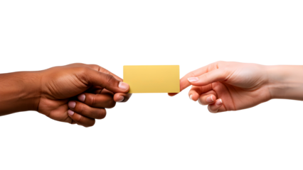 Handing over a business card between diverse hands isolated on transparent background