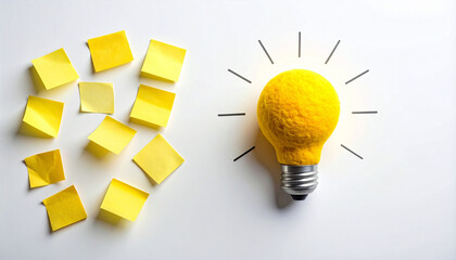 Yellow sticky notes scattered on left side, single clean yellow light bulb shape on right, creative brainstorming concept, bright and innovative mood