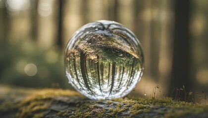 Captivating Forest Reflection in a Glass Sphere on Mossy Log Surrounded by Trees in Soft Natural Light