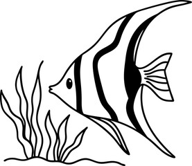 Elegant angelfish outline with striped body swimming near aquatic plants simple underwater scene line art for coloring and design projects
