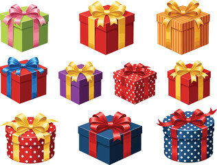 Collection of colorful gift boxes with ribbons and bows, festive wrapped presents for celebration, holiday decoration, birthday, Christmas, and party design