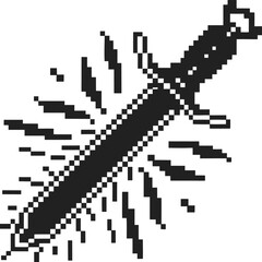 Fototapeta premium Retro pixel art sword icon with shining blade vintage 8 bit fantasy weapon symbol, minimalist monochrome digital game design