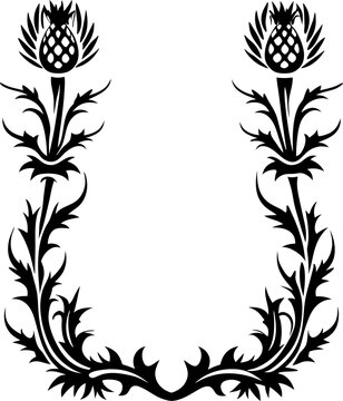 Thistle floral frame border in vintage ornamental decorative botanical corner design with symmetrical foliage and blooming flower motifs