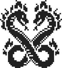 Fototapeta premium pixel art twin dragons forming heart shape retro symmetrical mythical serpent emblem, black and white fantasy creature icon design