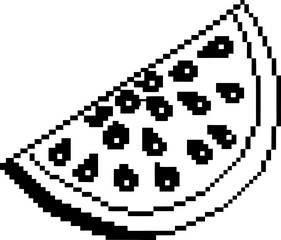 Fototapeta premium Pixel art watermelon slice illustration with seeds retro digital fruit icon in black and white minimal 8 bit summer design