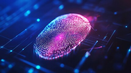 Digital fingerprint security concept illuminated with blue and pink light