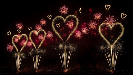Spectacular fireworks in the shape of hearts exploding in the dark night sky. Perfect for celebrations, weddings, Valentine's Day, and romantic events.