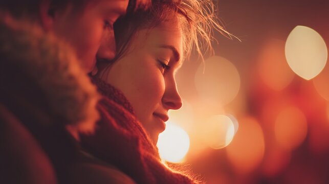 Couple is hugging each other in the dark. The woman is wearing a red scarf. The man is wearing a red jacket