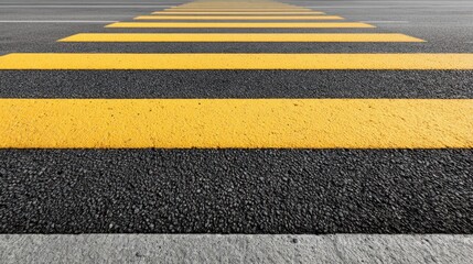 Fototapeta premium yellow pedestrian crosswalk stripes on asphalt road, leading lines perspective