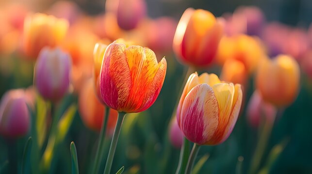 Field of flowers with a few orange and pink tulips. The flowers are in full bloom and the sun is shining on them