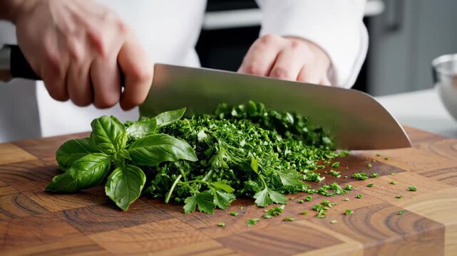 A professional chef chopping fresh green parsley with a knife. Cook preparing herbs on a wooden cutting board for a gourmet meal. Culinary food preparation concept