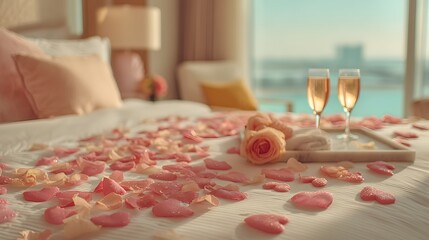 Bed with a tray of champagne glasses and roses on it. The bed is covered in pink petals, creating a romantic and intimate atmosphere