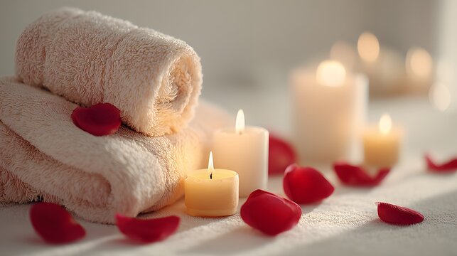 White towel with candles and rose petals on it. The candles are lit and the petals are scattered around them. Concept of relaxation and tranquility