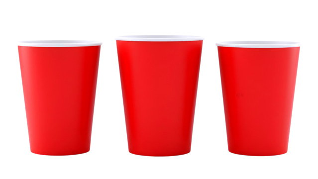 Three red plastic cups on white background isolated on transparent background - Powered by Adobe