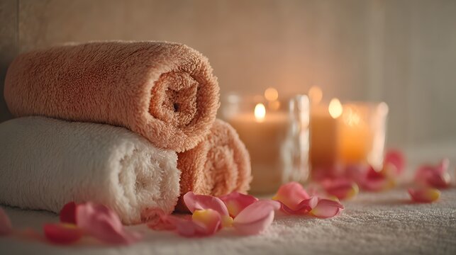 Stack of towels and candles on a table. The towels are white and orange, and the candles are lit. Concept of relaxation and comfort, as the towels and candles suggest a spa-like atmosphere - Powered by Adobe