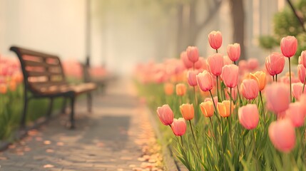 Bench sits on a path next to a row of pink tulips. The bench is empty and the tulips are in full bloom, creating a peaceful and serene atmosphere