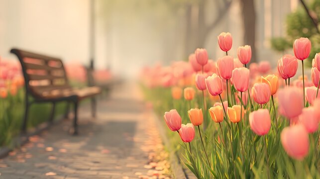 Bench sits on a path next to a row of pink tulips. The bench is empty and the tulips are in full bloom, creating a peaceful and serene atmosphere