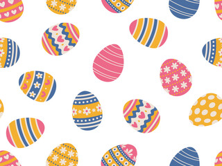 Seamless Easter egg pattern. Easter background, bright eggs with various patterns - stripes, florals, polka dots.